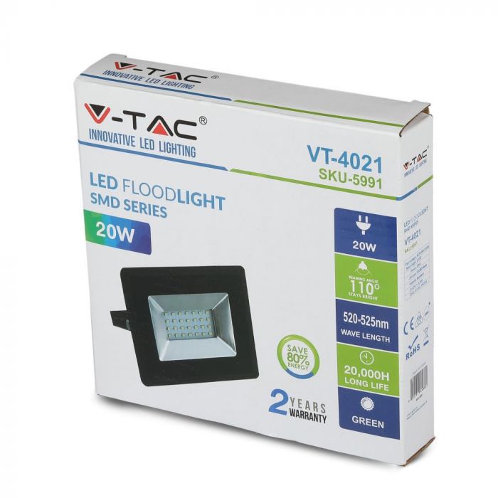 20W LED Spotlight, V-TAC, IP65, E-serien, svart hölje, grönt ljus