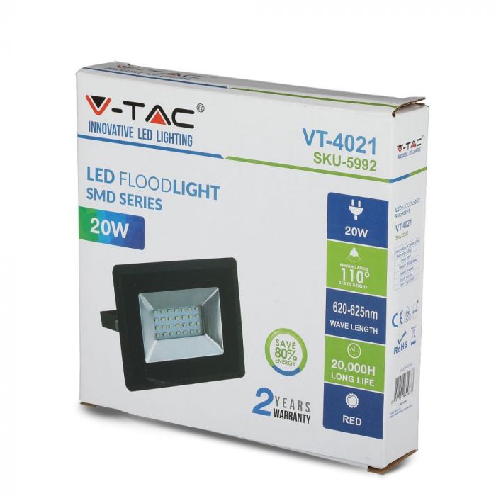 20W LED-strålkastare, V-TAC, IP65, E-serien, svart hölje, rött ljus
