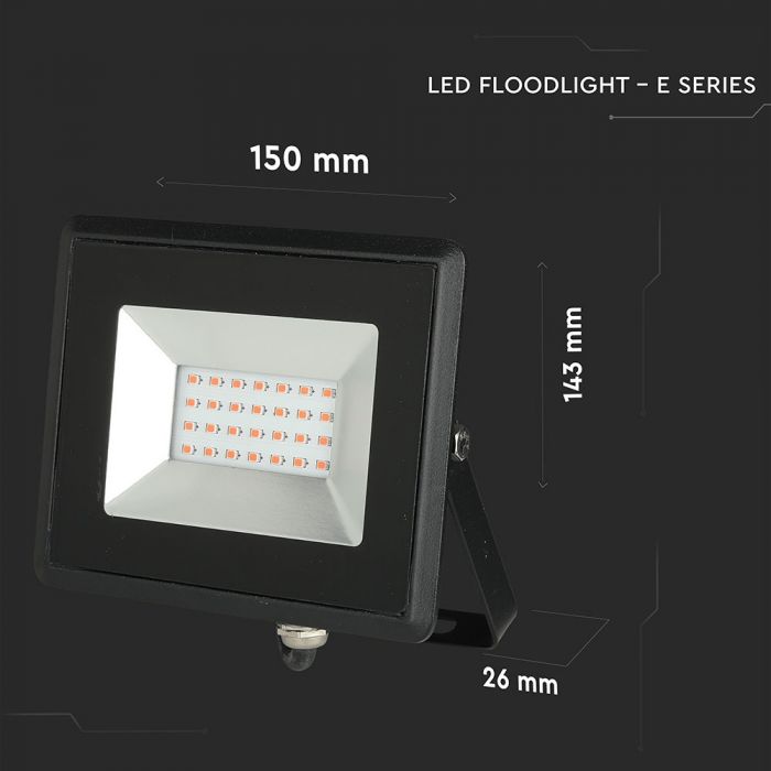 20W LED-strålkastare, V-TAC, IP65, E-serien, svart hölje, rött ljus