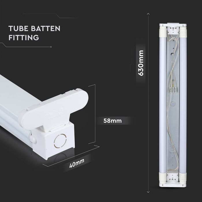 600mm LED T8 dienasgaismu lampu stiprinājumu armatūra 2 spuldzēm, V-TAC