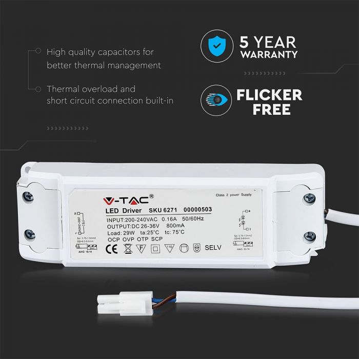29W toiteplokk LED-paneelile, EI värelusefekti, ei ole timmitav, 5-aastane garantii, IP20, V-TAC