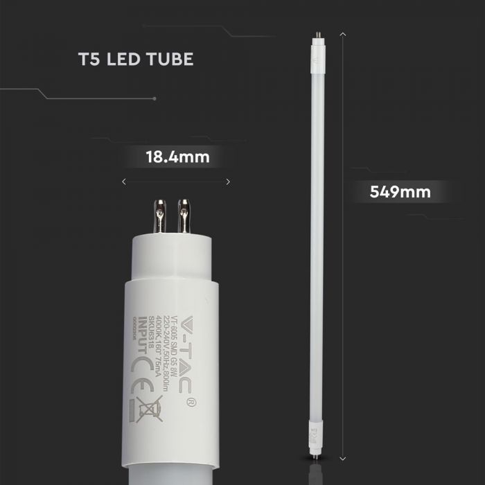 Светодиодная лампа T5 8W(800Lm), V-TAC, нейтральный белый свет 4500K