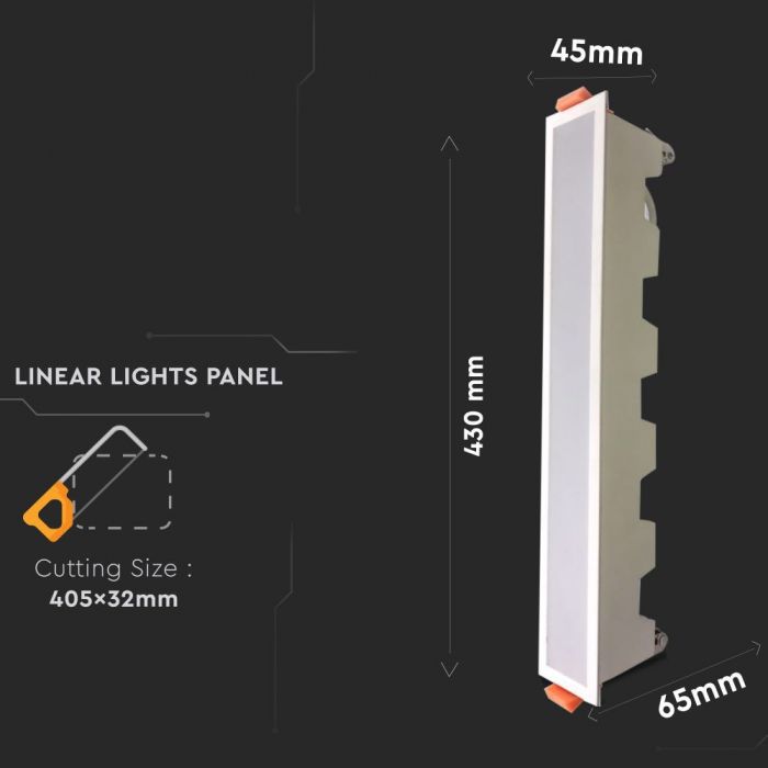 30W(2400Lm) 43cm LED iebūvējams Lineārais gaismeklis, IP20, V-TAC, bez kontaktdakšas(kabeļu savienojums), silti balta gaisma 3000K