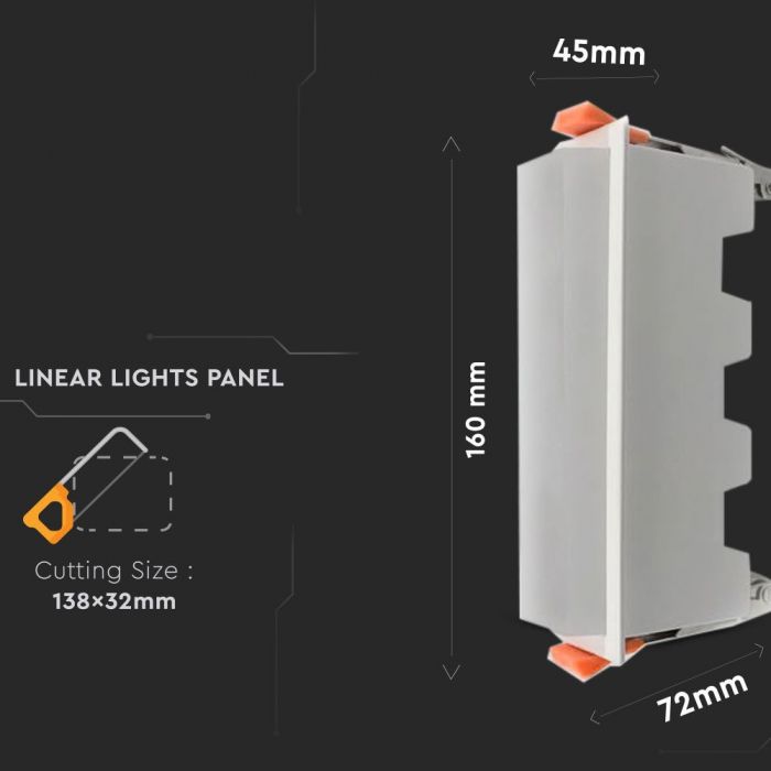 10W(700Lm) 16cm LED iebūvējams Lineārais gaismeklis, IP20, V-TAC, bez kontaktdakšas(kabeļu savienojums), silti balta gaisma 3000K