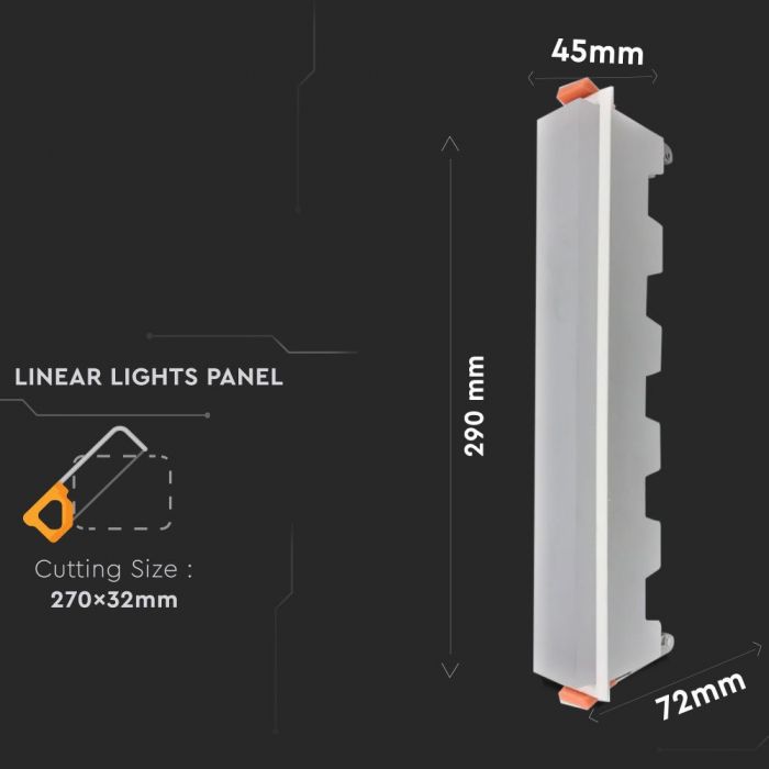 29cm_20W(1400Lm) LED iebūvējams Lineārais gaismeklis, IP20, V-TAC, bez kontaktdakšas(kabeļu savienojums), auksti balta gaisma 6400K