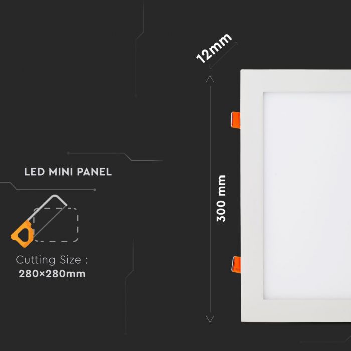 36W(2900Lm) LED Panelis iebūvējams kvadrāta, V-TAC, auksti balta gaisma 6400K, komplektā ar barošanās bloku