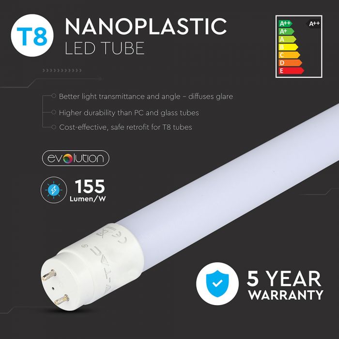 T8 15W(2400Lm) LED spuldze, 150cm NANO Plastic, V-TAC, garantija 5 gadi, A++, IP20, G13, neitrāli balta gaisma 4000K