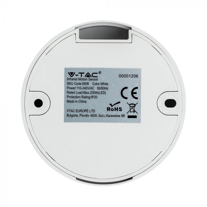 Infrared motion sensor, white, IP20, Max 200W LED, 360°, V-TAC