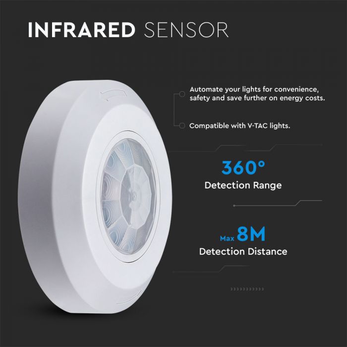 Infrapuna liikumisandur, valge, IP20, Max 200W LED, 360°, V-TAC