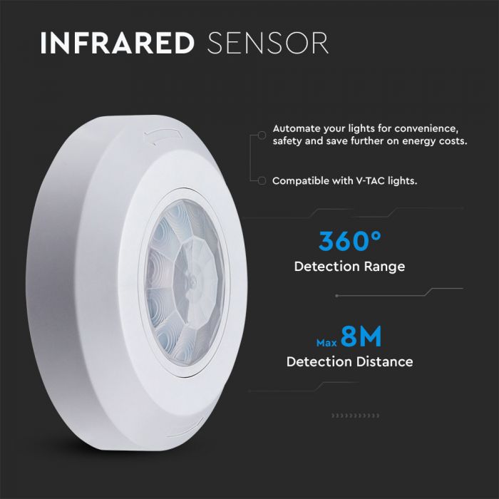 Infrared motion sensor, white, IP20, Max 200W LED, 360°, V-TAC