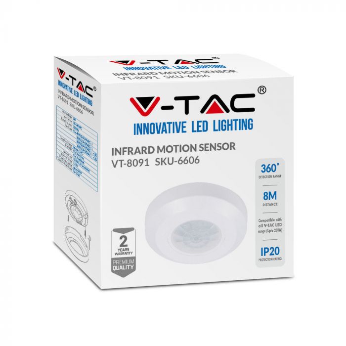 Infrapuna liikumisandur, valge, IP20, Max 200W LED, 360°, V-TAC