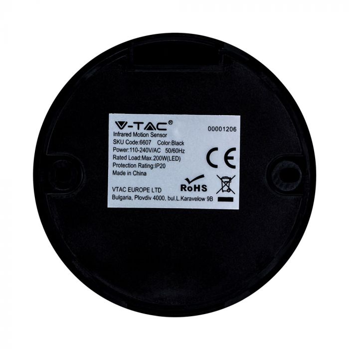 Infrapuna liikumisandur, must, IP20, Max 200W LED, 360°, V-TAC