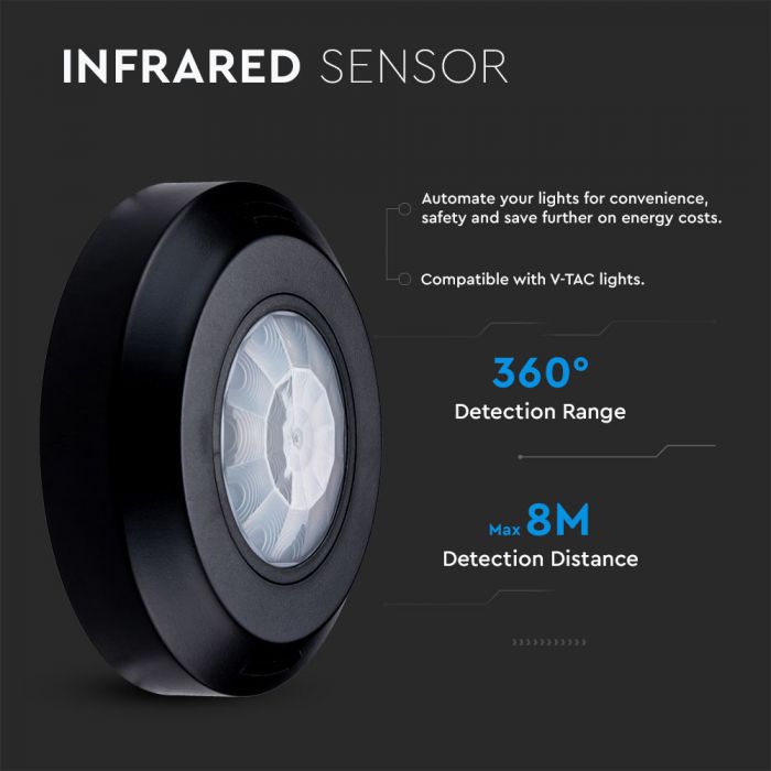 Infrared motion sensor, black, IP20, Max 200W LED, 360°, V-TAC