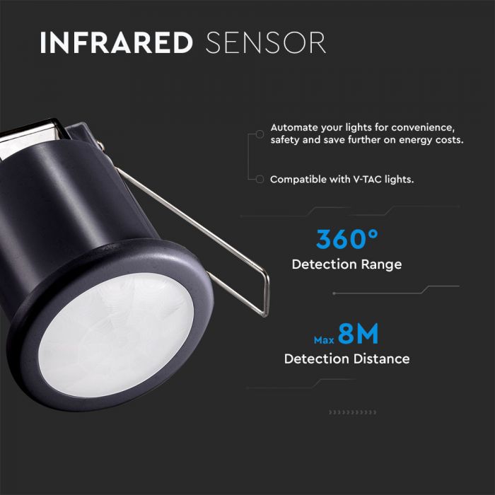 Infrared motion sensor, black, IP20, Max 400W LED, 360°, V-TAC