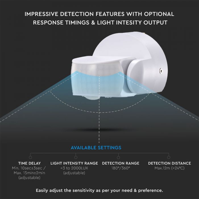 Infrapuna liikumisandur, valge, IP65, MAX:600W LED, 180°/360°, V-TAC