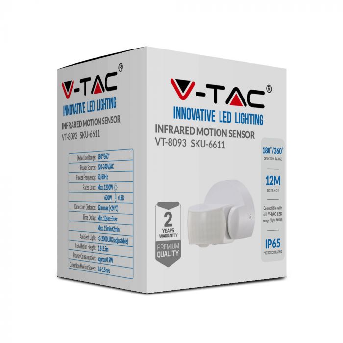Infrared motion sensor, white, IP65, MAX:600W LED, 180°/360°, V-TAC