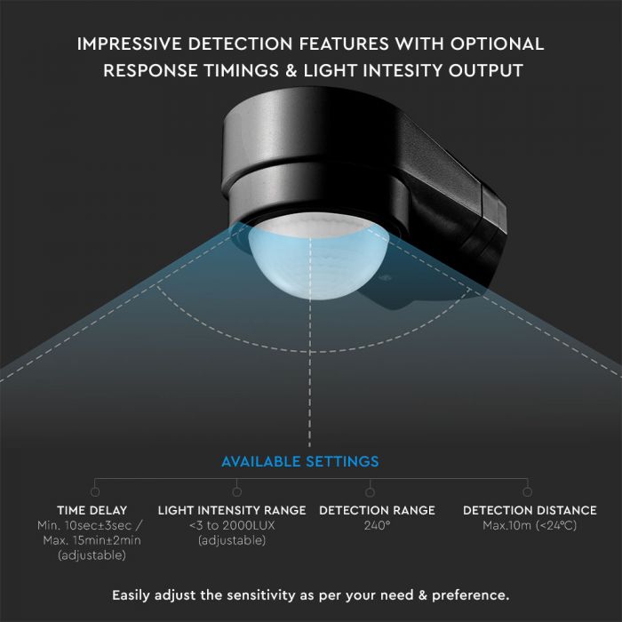 Infrasarkanais kustību sensors, melns, IP65, 240°,  Max 600W LED, V-TAC
