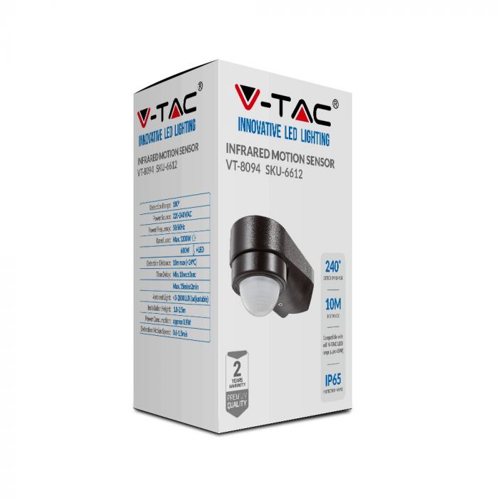 Infrasarkanais kustību sensors, melns, IP65, 240°,  Max 600W LED, V-TAC