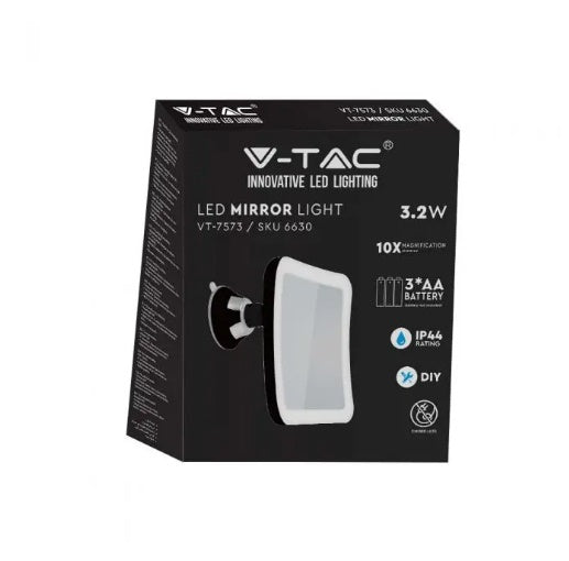 3.2W(30Lm) LED grima spogulis ar apgaismojumu, 16x19 cm, melns, 3xAAA baterijas (nav iekļautas), V-TAC, IP44, auksti balta gaisma 6400K