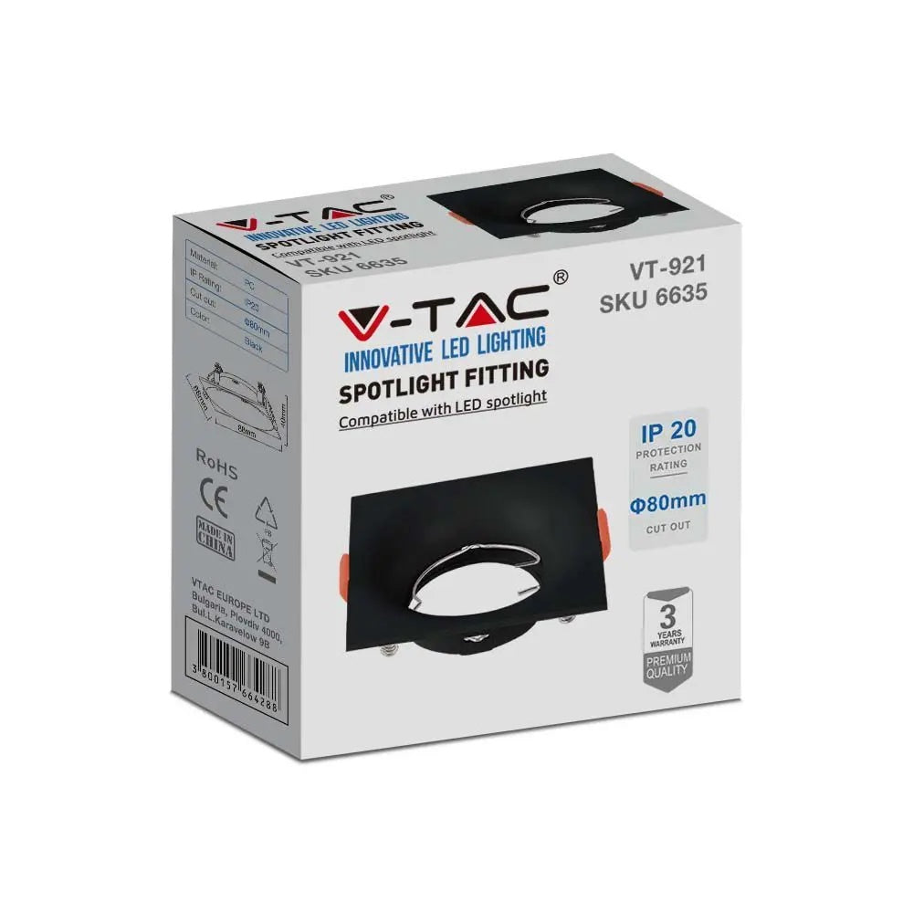 GU10 recessed frame/fixture, square, 88x88X35mm, recessed. Dimm. Ø80mm, black, V-TAC