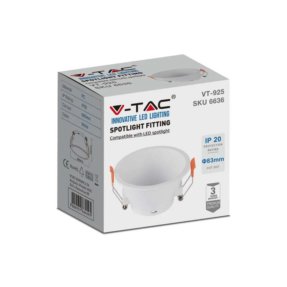 GU10 recessed frame/fixture, round, Ø93X55mm, recessed. Dimm. Ø83mm, white, V-TAC