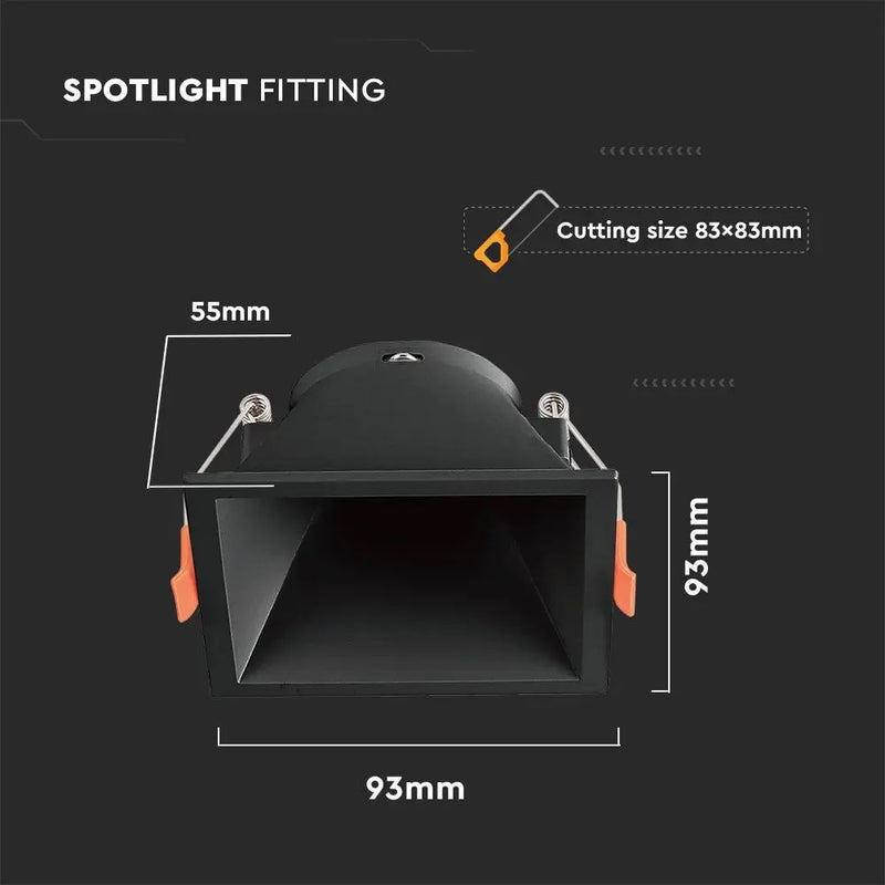 GU10 recessed frame/fixture, square, 93x93X55mm, recessed. Dimm. 83x83mm, black, V-TAC