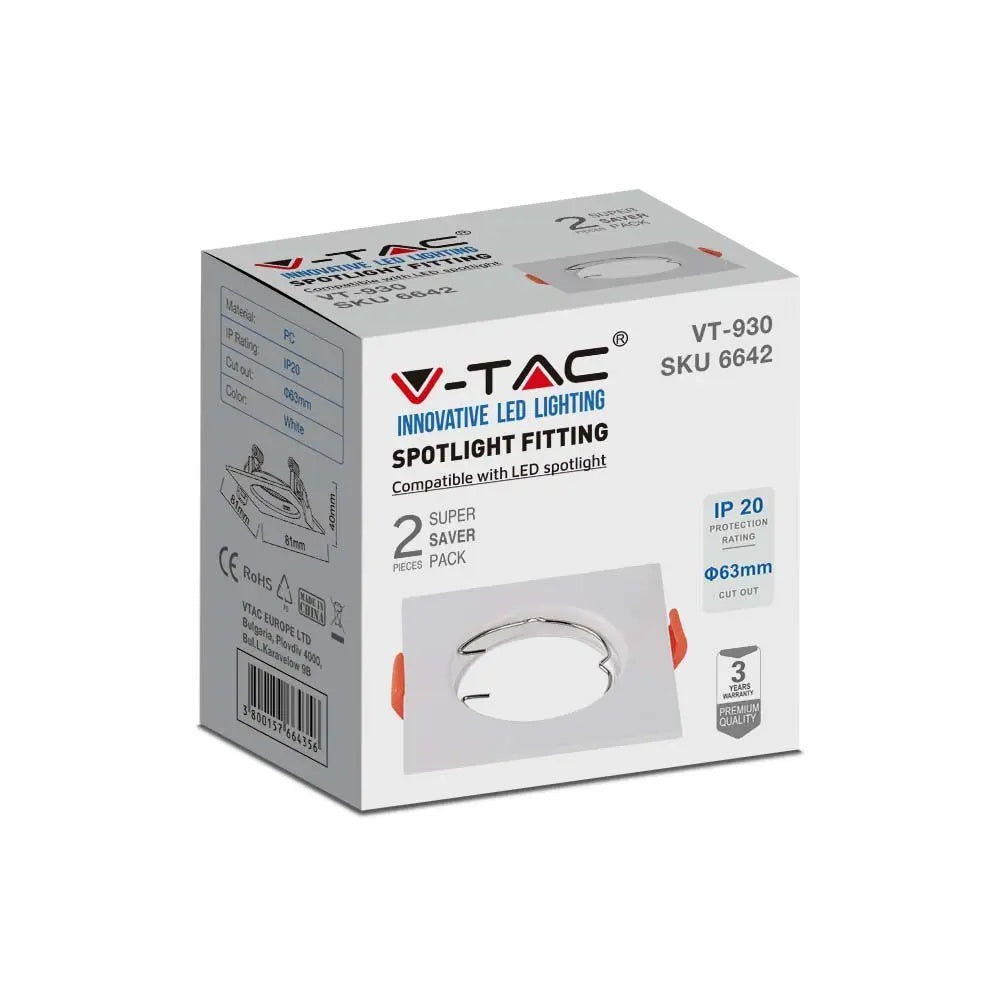 GU10 recessed frame/fixture, square, 81x81X40mm, flush-mounted Dimm. Ø63mm, white, 2 pcs, V-TAC
