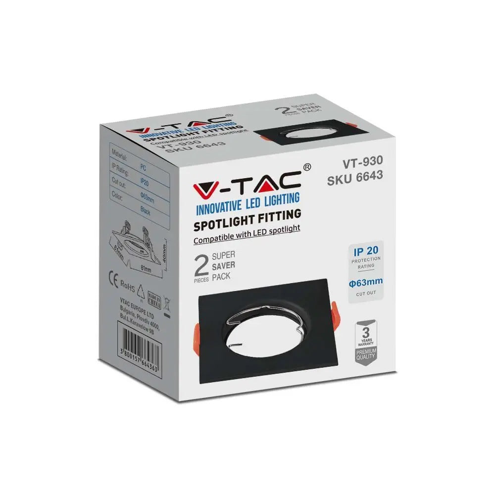 GU10 recessed frame/fixture, square, 81x81X40mm, flush-mounted Dimm. Ø63mm, black, 2 pcs, V-TAC