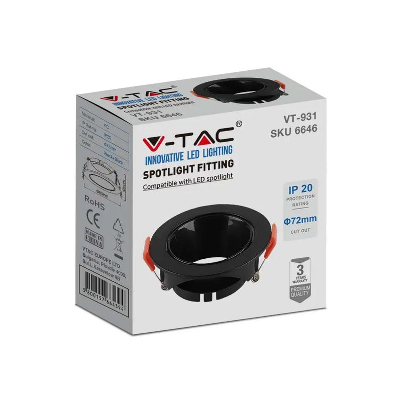 GU10 recessed frame/fixture, round, adjustable light direction, Ø85X40mm, recessed Ø72mm, black/black, V-TAC