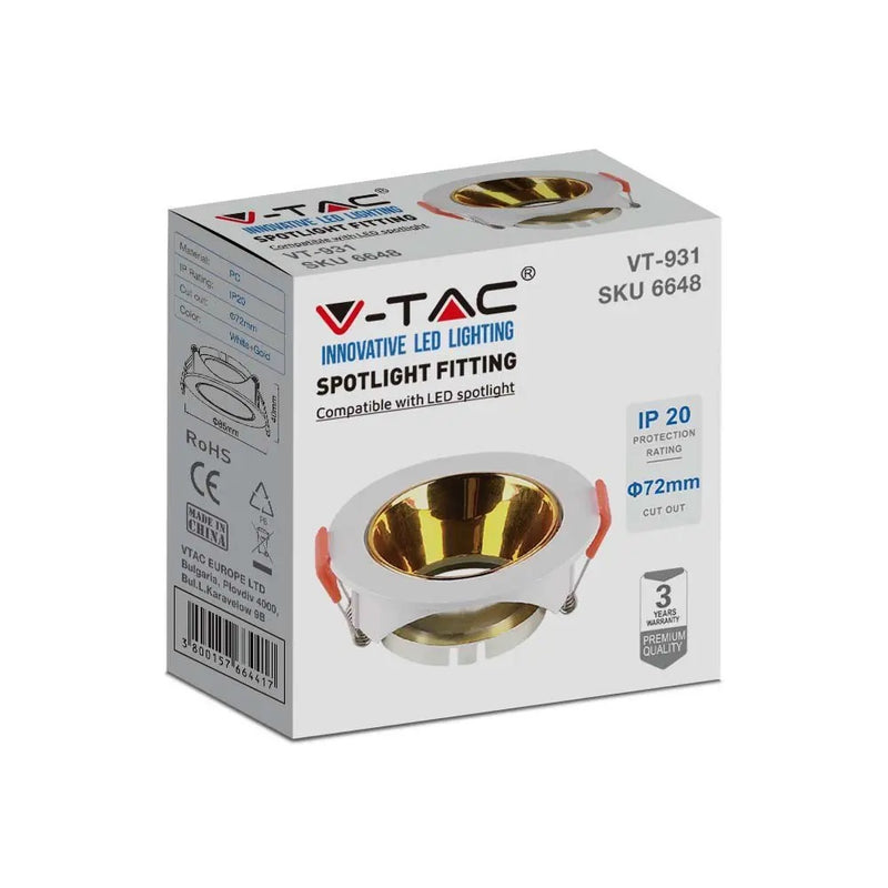 Встраиваемая рамка/светильник GU10, круглый, белый, золотой отражатель, V-TAC