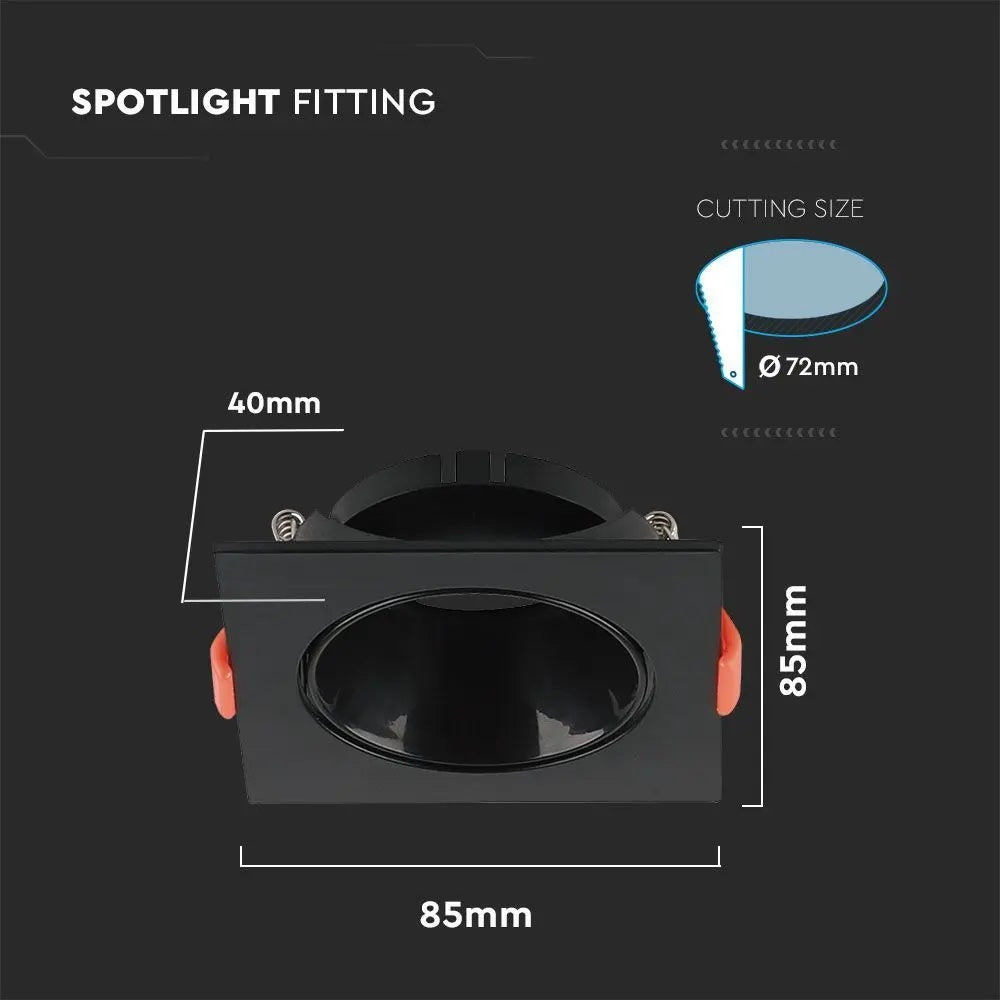 GU10 recessed frame/fixture, square, adjustable light direction, 85x85x40mm, recessed. Ø72mm, black/black, V-TAC