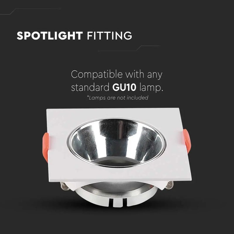 GU10 built-in frame/fixture, square shape, white, chrome reflector, V-TAC