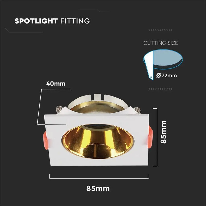 GU10 recessed frame/fixture, square, adjustable light direction, 85x85x40mm, recessed. Ø72mm, white/gold kr, V-TAC