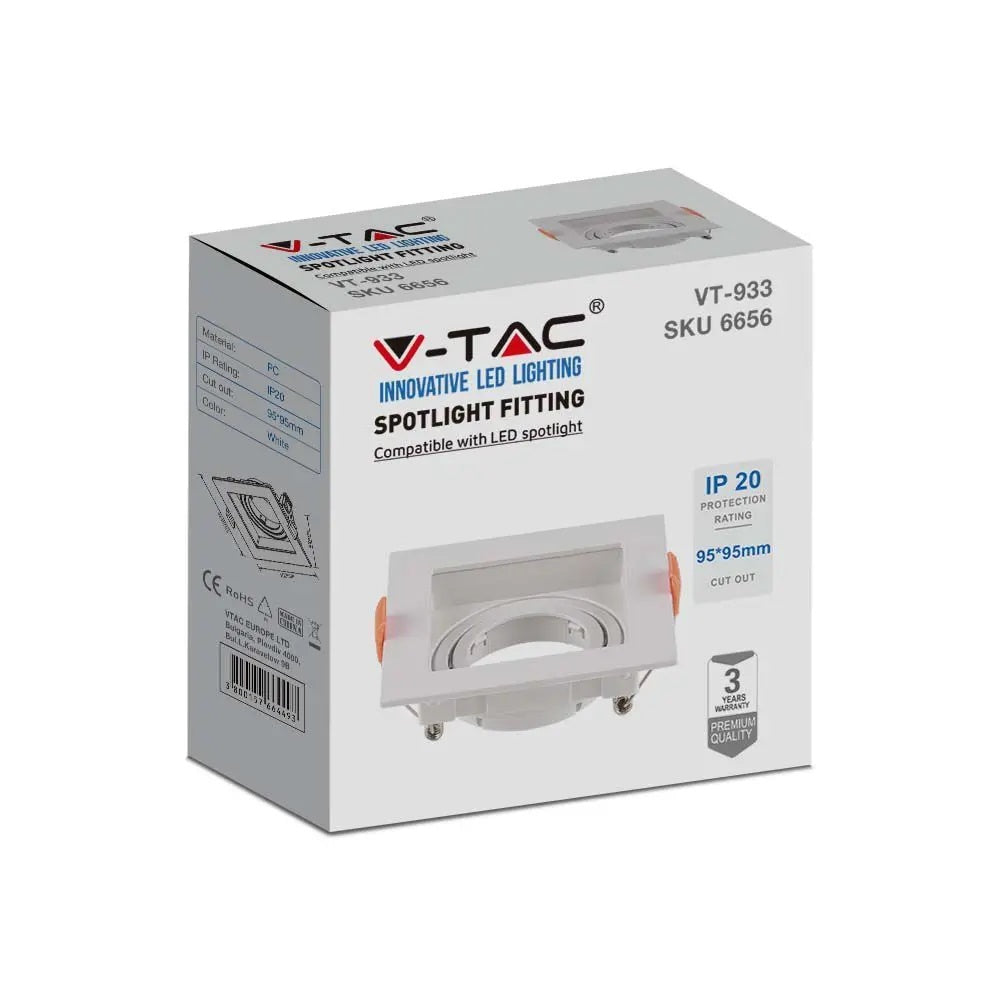 GU10 recessed frame/fixture, square, adjustable light direction, 80X80x25mm, recessed. Ø74mm, white, V-TAC