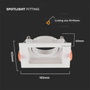 GU10 recessed frame/fixture, square, adjustable light direction, 80X80x25mm, recessed. Ø74mm, white, V-TAC