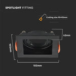 GU10 recessed frame/fixture, square, adjustable light direction, 102x102X42mm, recessed. size 95x95mm, black, V-TAC