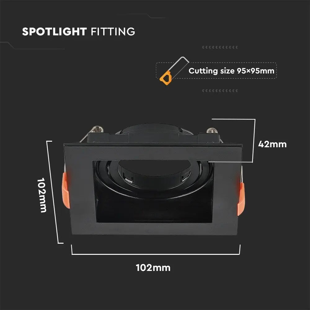 GU10 recessed frame/fixture, square, adjustable light direction, 102x102X42mm, recessed. size 95x95mm, black, V-TAC