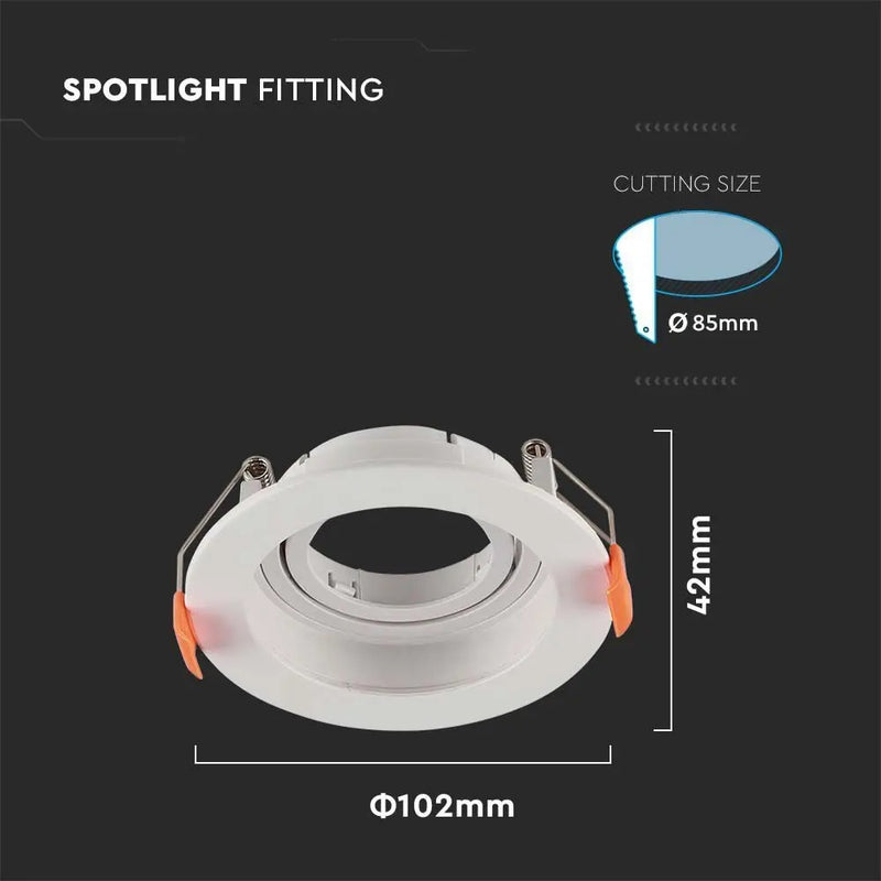 GU10 recessed frame/fixture, round, adjustable light direction, Ø102X42mm, recessed. Ø85mm, white, V-TAC