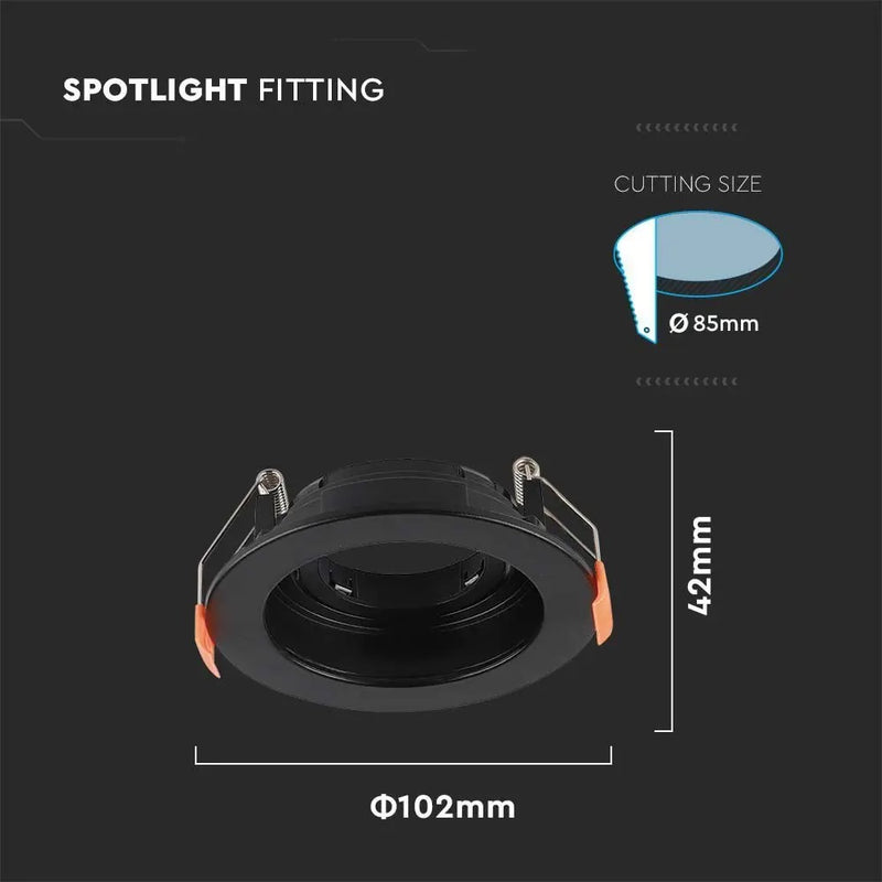 GU10 iebūvējams karkass/armatūra, apaļas formas, regulējams apgaismojuma virziens, Ø102X42mm, iebūv. izm Ø85mm,  melns, V-TAC