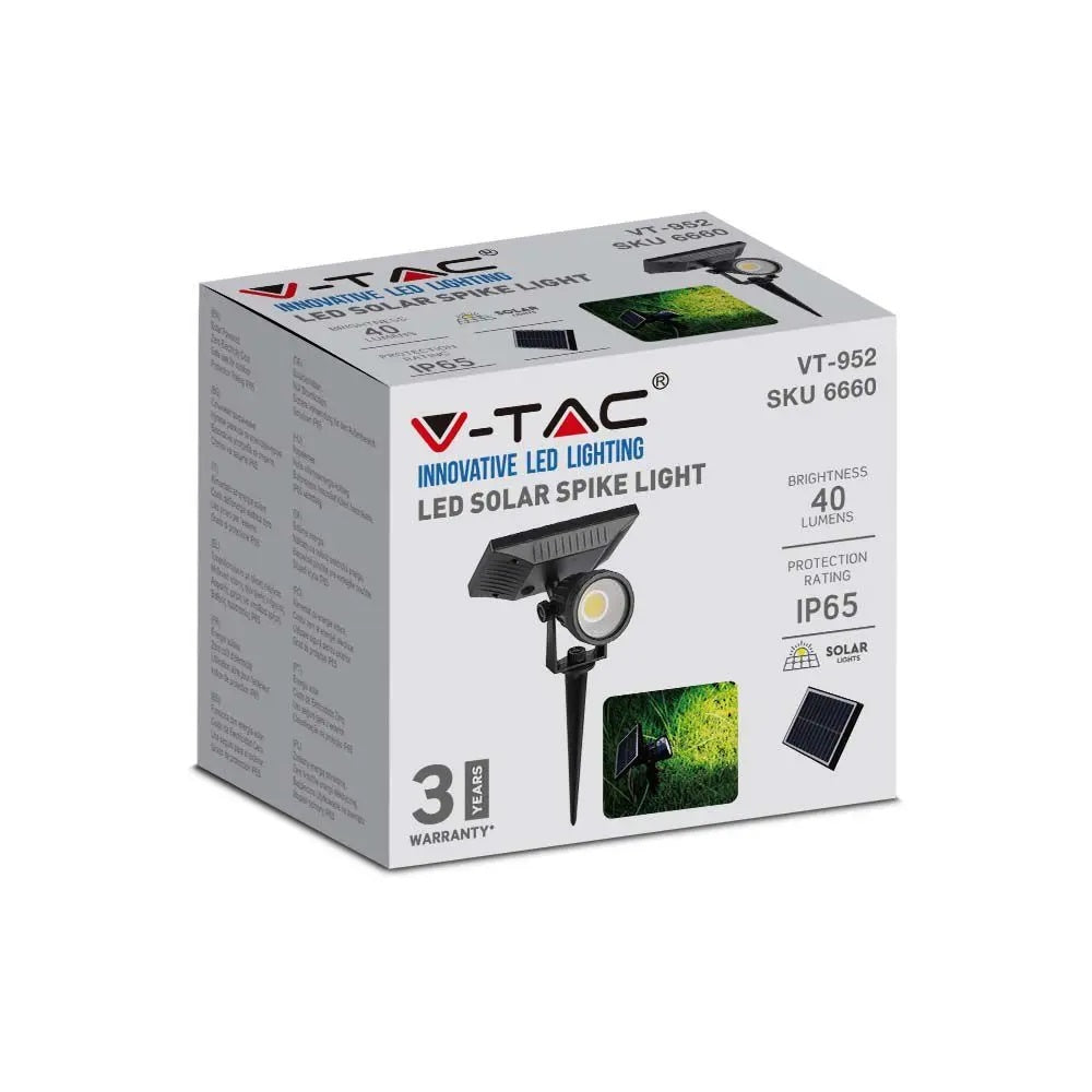 2W(40Lm)COB  LED solārais dārza gaismeklis, V-TAC, IP65, melns, silti balta gaisma 3000K