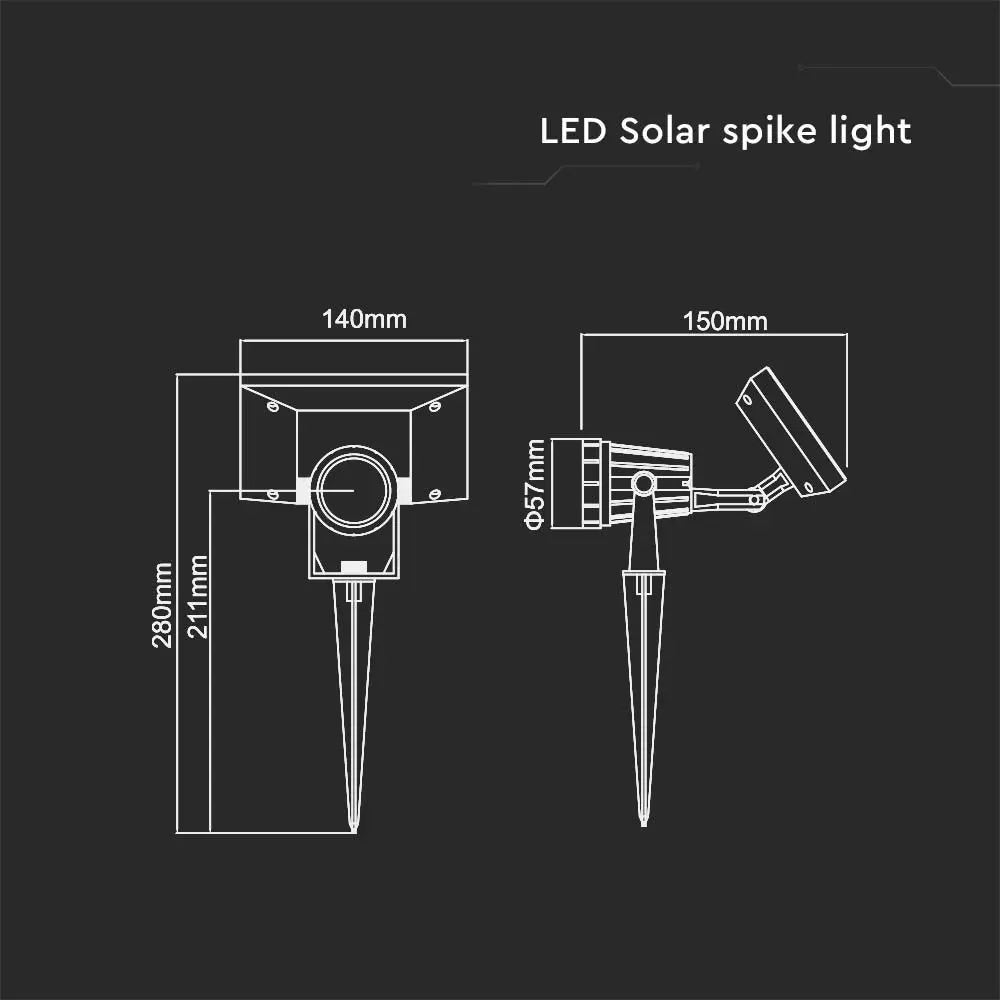 2W(40Lm) LED solārais dārza gaismeklis, V-TAC, IP65, melns, auksti balta gaisma 6400K