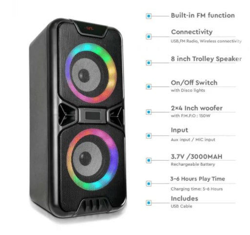 2x10W speaker, PMPO 150W, DC: 5V input power, 1A adapter (not included), USB and TF card, FM radio frequency 87.5-108MHz, 185.3x177x410.5, 3.7V, 3000mAh Battery, USB cable included