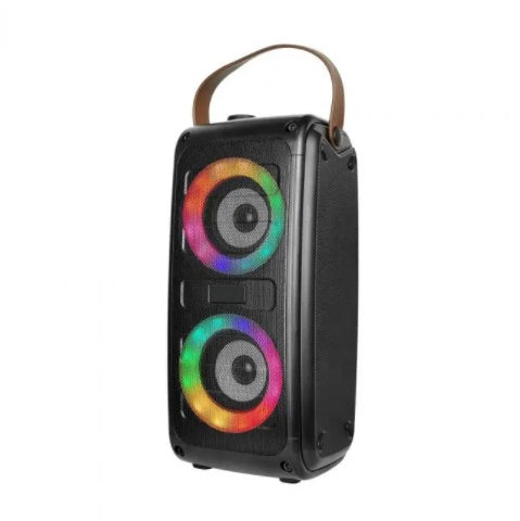 2x10W speaker, PMPO 150W, DC: 5V input power, 1A adapter, USB and TF card, FM radio frequency 87.5-108MHz, 153.7x143.7x341.5, 3.7V, 3000mAh Battery, USB cable included