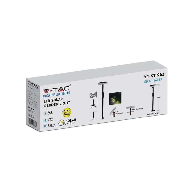 3W(260Lm) LED päikesepaneeliga aiavalgusti, V-TAC, IP65, must, neutraalne valge valgus 4000K, 2 tk.