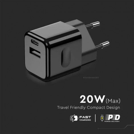 20 W lādēšanas adapteris 1 PD+1 QC PORT, melns