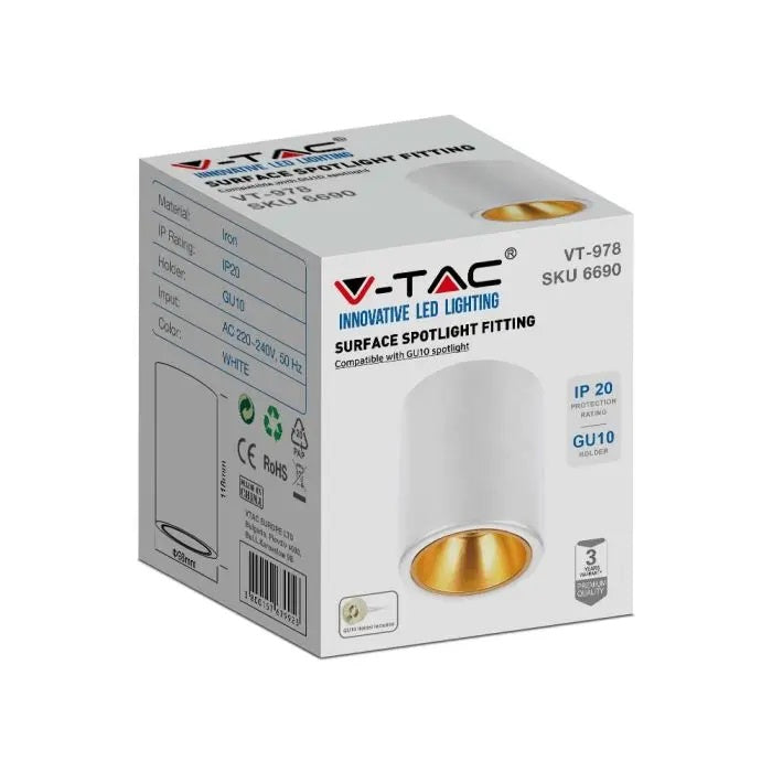 GU10-ram, vit, rund, Ø98x118mm, V-TAC