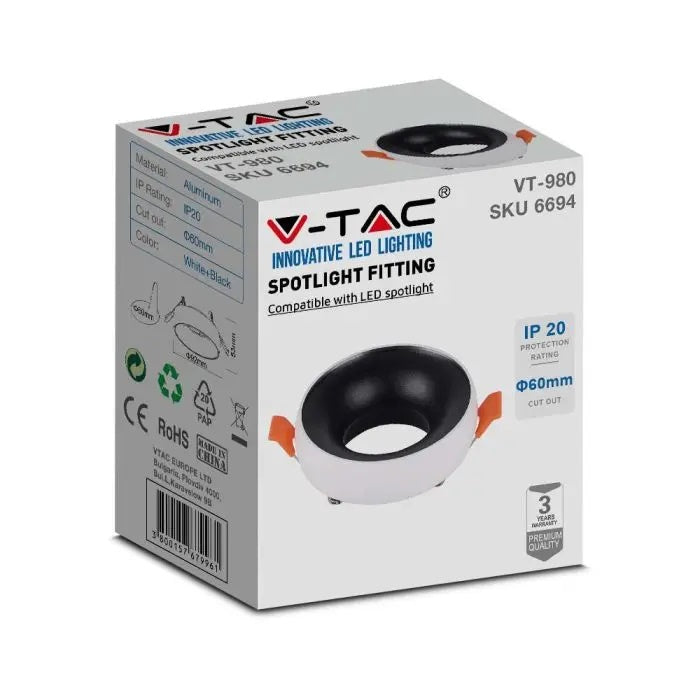 GU10 recessed frame/fixture, round, Ø92X53mm, recessed. Ø60mm, white/black, V-TAC