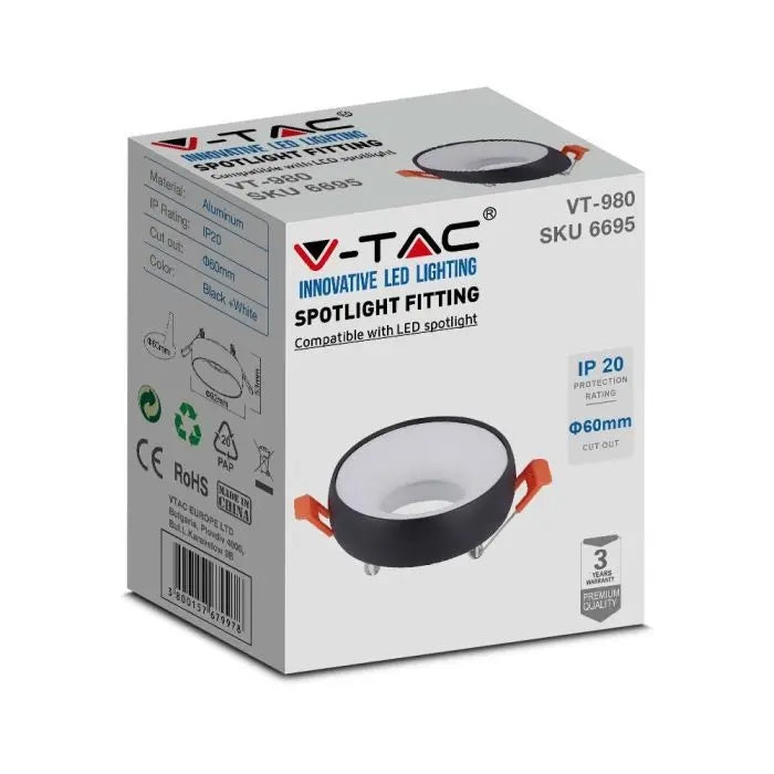 GU10 recessed frame/fixture, round, Ø92X53mm, recessed. Ø60mm, black/white, V-TAC