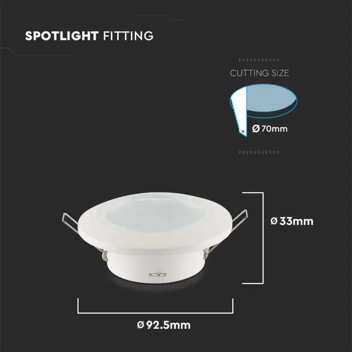 GU10 iebūvējams karkass/armatūra, apaļas formas, IP44, Ø92.5x33mm, iebūv. Izm. Ø70mm, balts, V-TAC