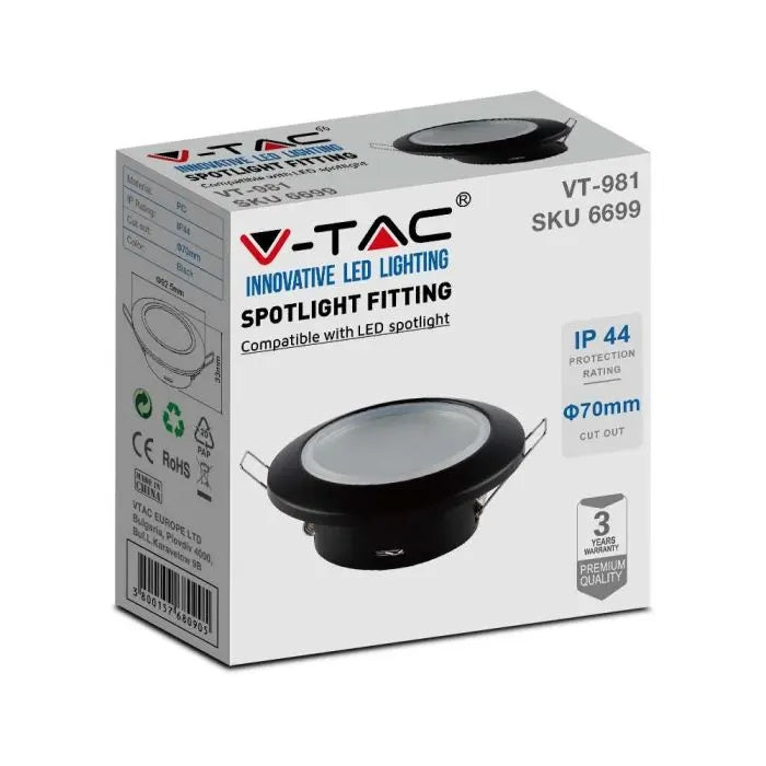 GU10 recessed frame/fixture, round, IP44, Ø92.5x33mm, recessed, with Dimm. Ø70mm, black, V-TAC